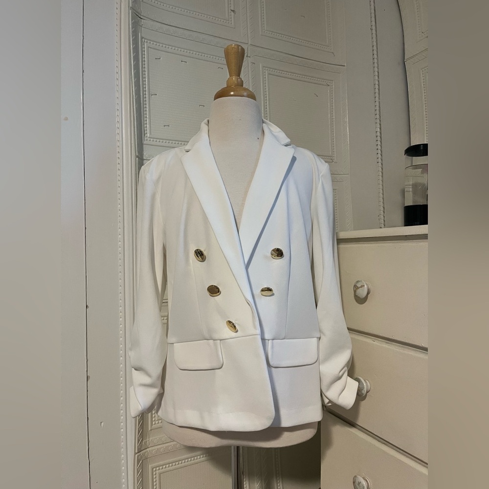 Chic White Double-Breasted Blazer with Gold Accents